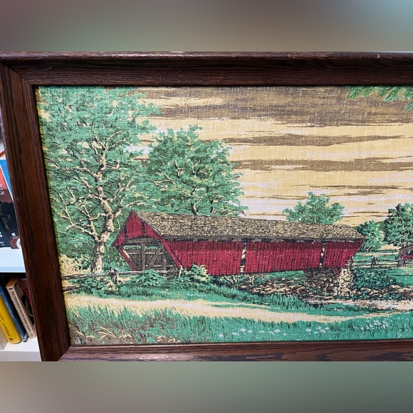 Vintage Woven Framed Art of a Covered Bridge - Picture 2 of 7